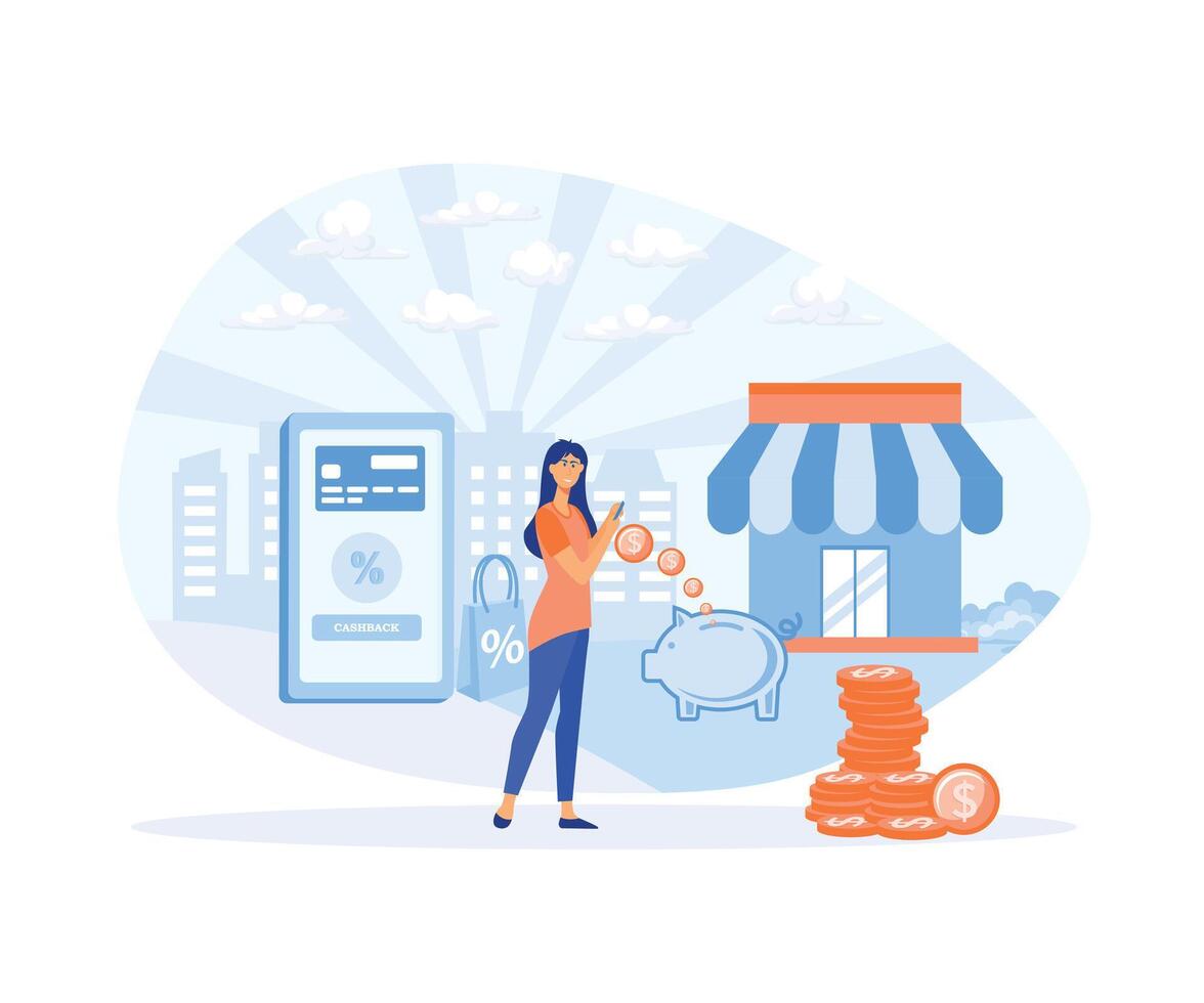 Cash back concept - woman with smart phone, money goes into piggy bank. flat vector modern illustration