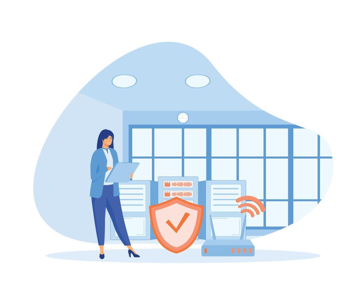 A woman performs Cloud Shared Documents security. flat vector modern illustration