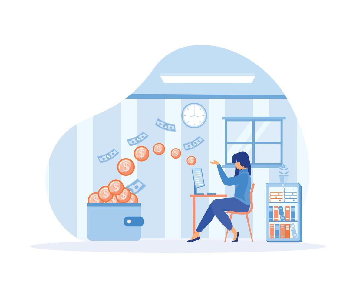 Woman getting paid from online work. Female person relaxing in chair with computer paying money in her wallet. flat vector modern illustration