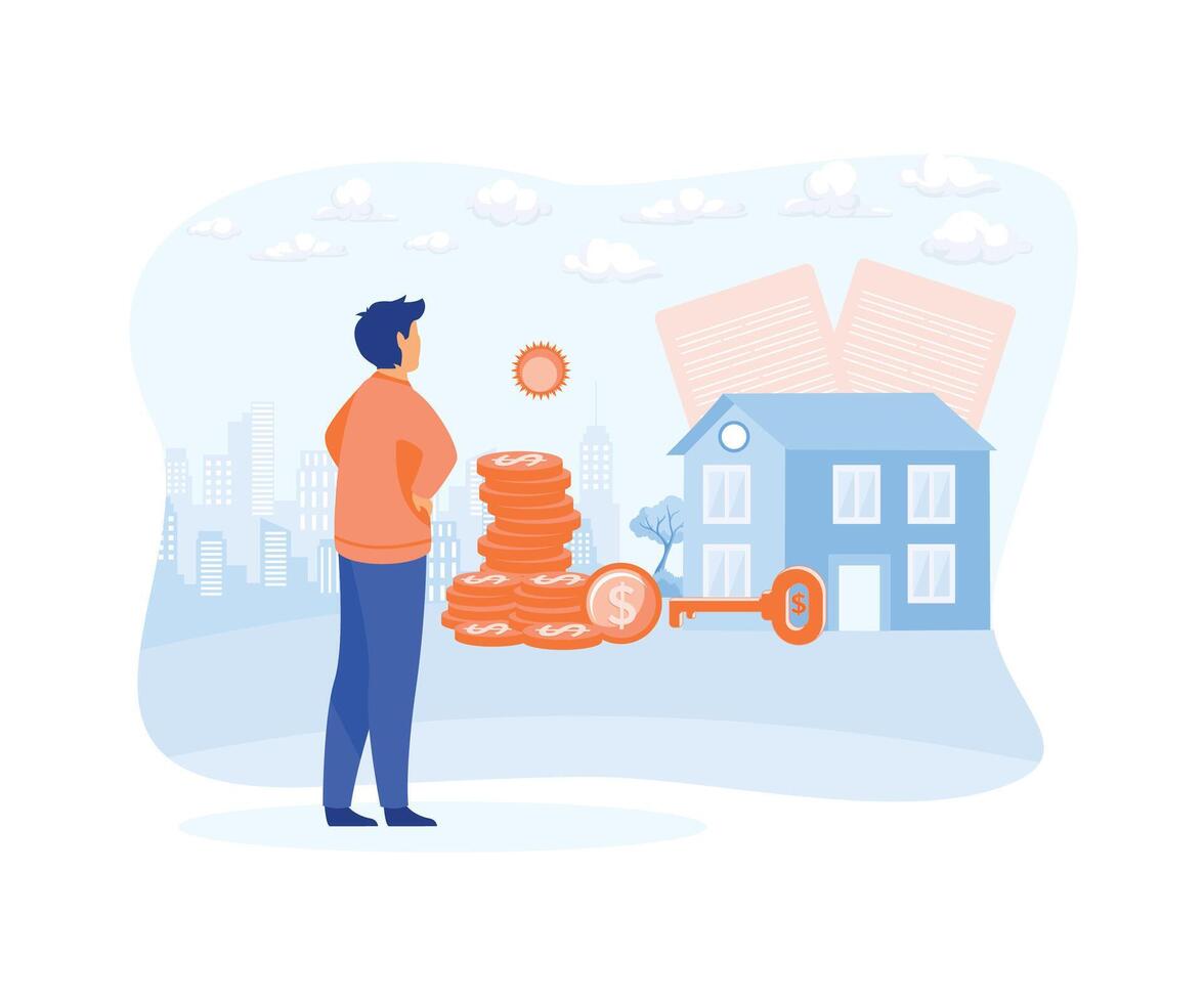 A man signs documents and receives house keys. flat vector modern illustration