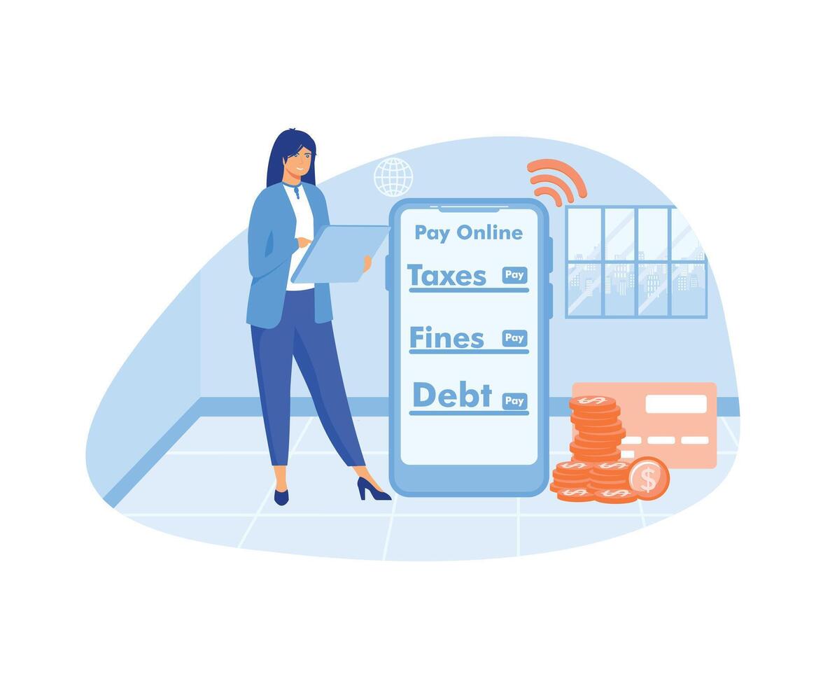 Online payment concept. Young woman paying taxes and debts on the cell phone apps while standing with money. flat vector modern illustration