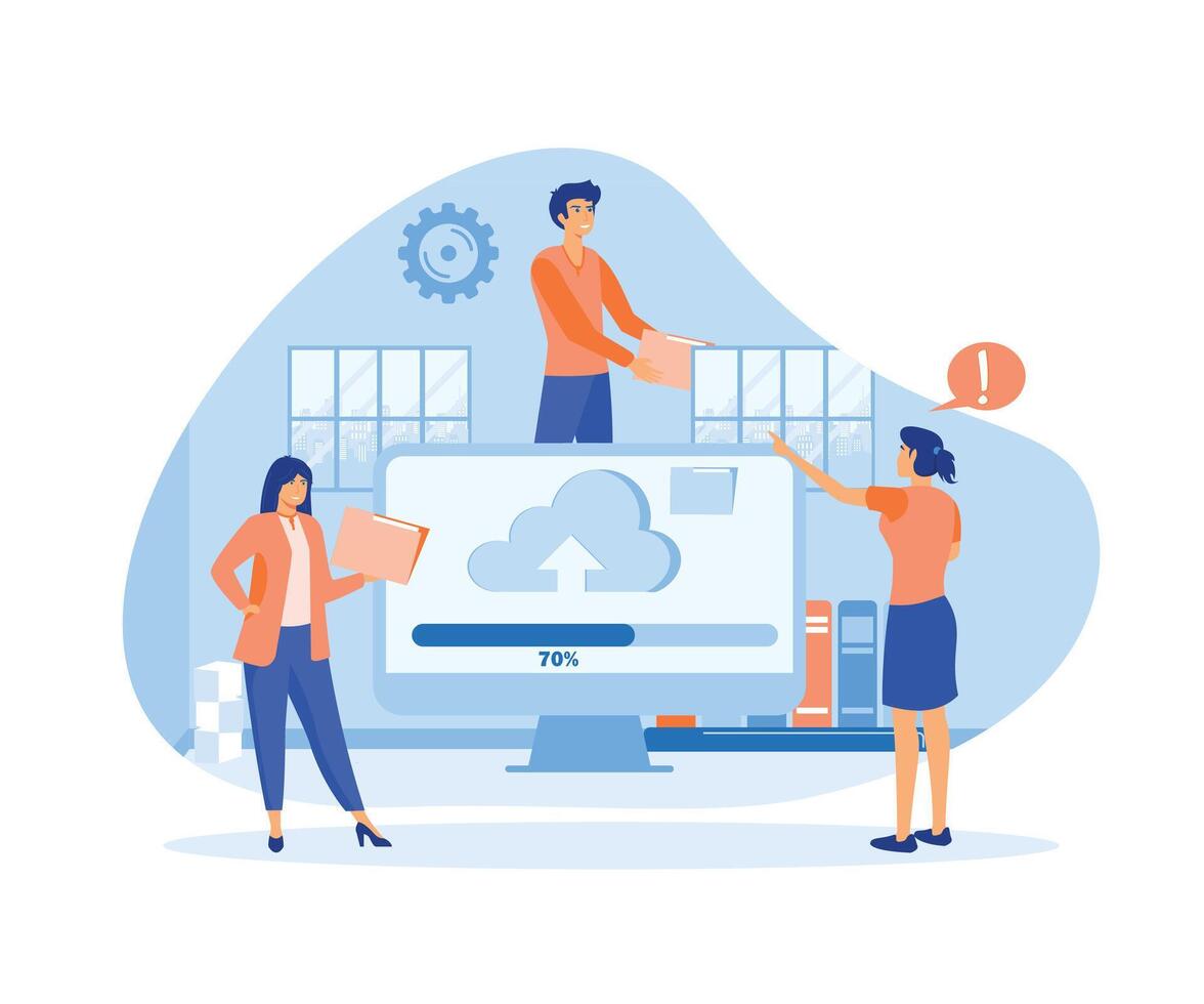 Download file concept. Cloud services and information exchange on the Internet. Progress, modern technology and digital world, remote employees. flat vector modern illustration