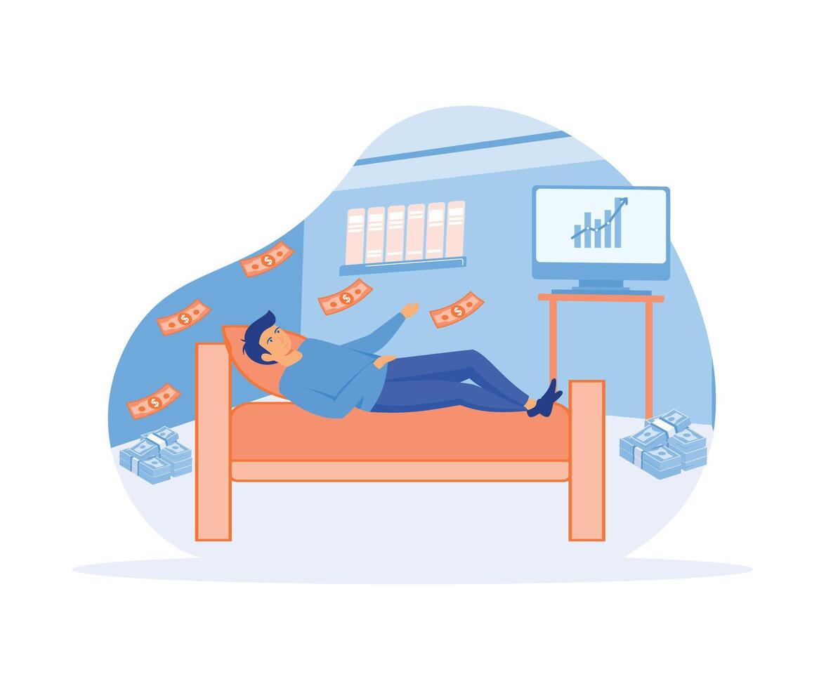 Passive income earning money while sleeping, man in bedroom, raining money.  flat vector modern illustration