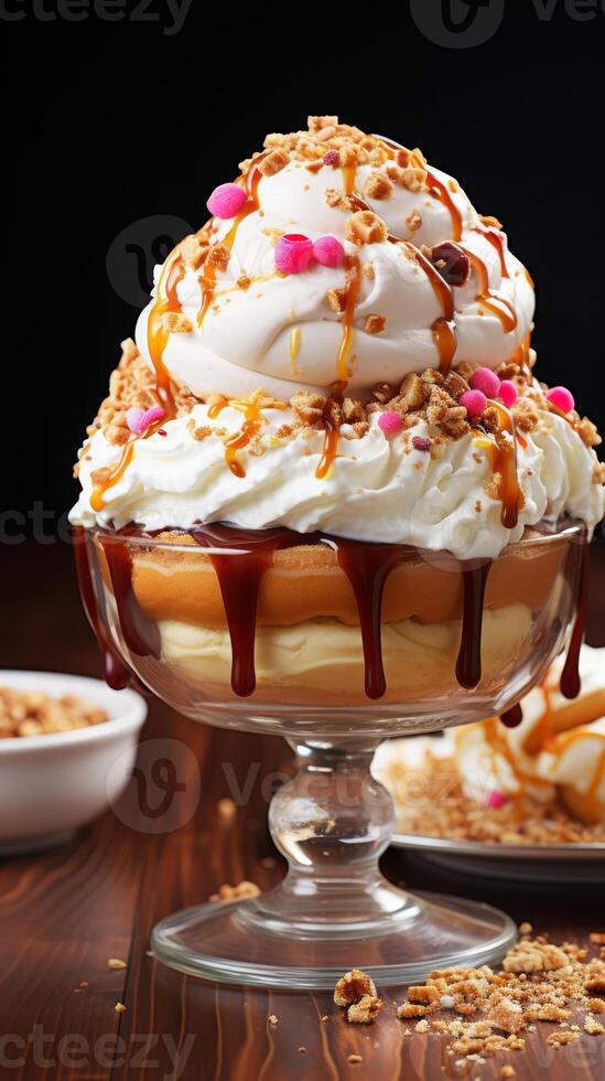 ai generado vainilla hielo crema con azotado crema y caramelo en un vaso bol. foto