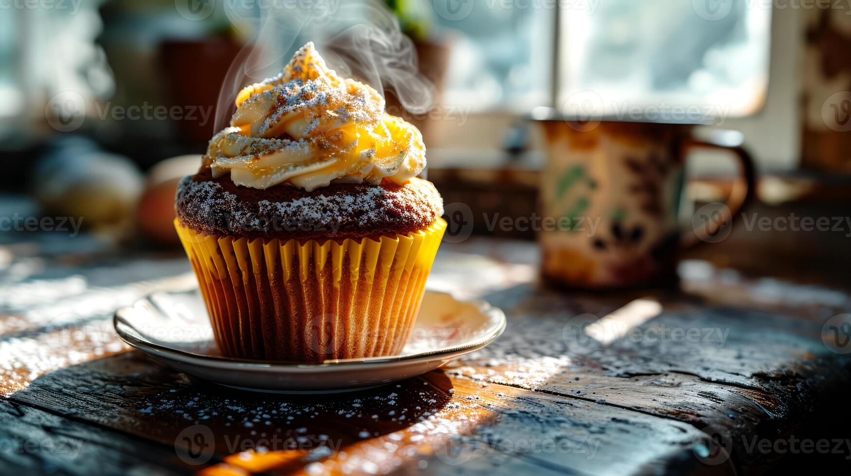 AI generated Cupcake with cream and cup of coffee on the wooden table. photo