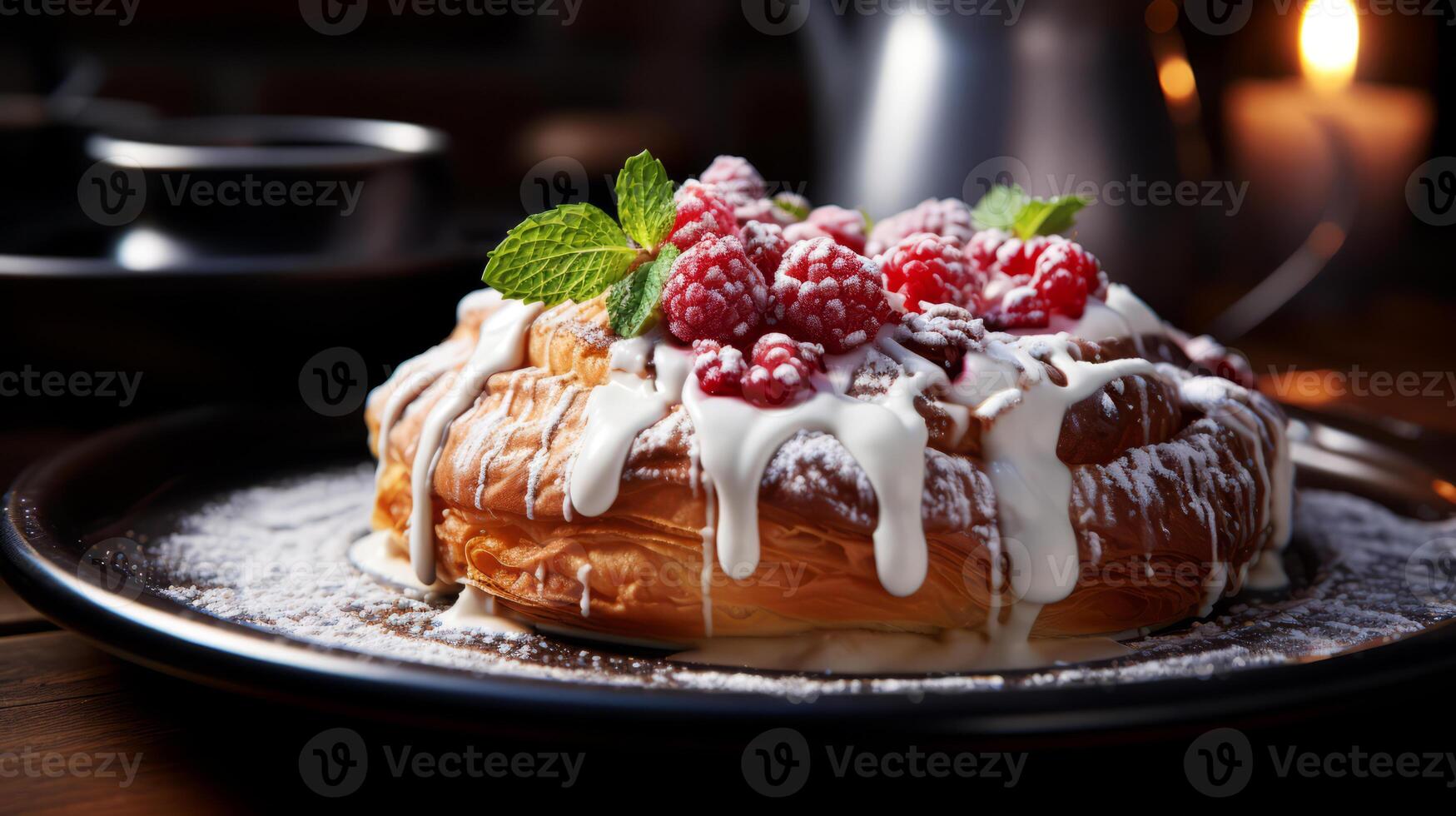 AI generated Pancakes with fresh berries and whipped cream on a black plate. photo