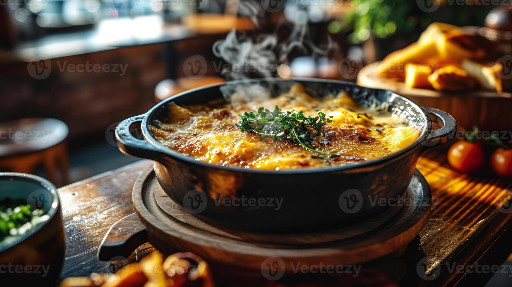 AI generated Cheese casserole in a pot on a table in a restaurant. photo