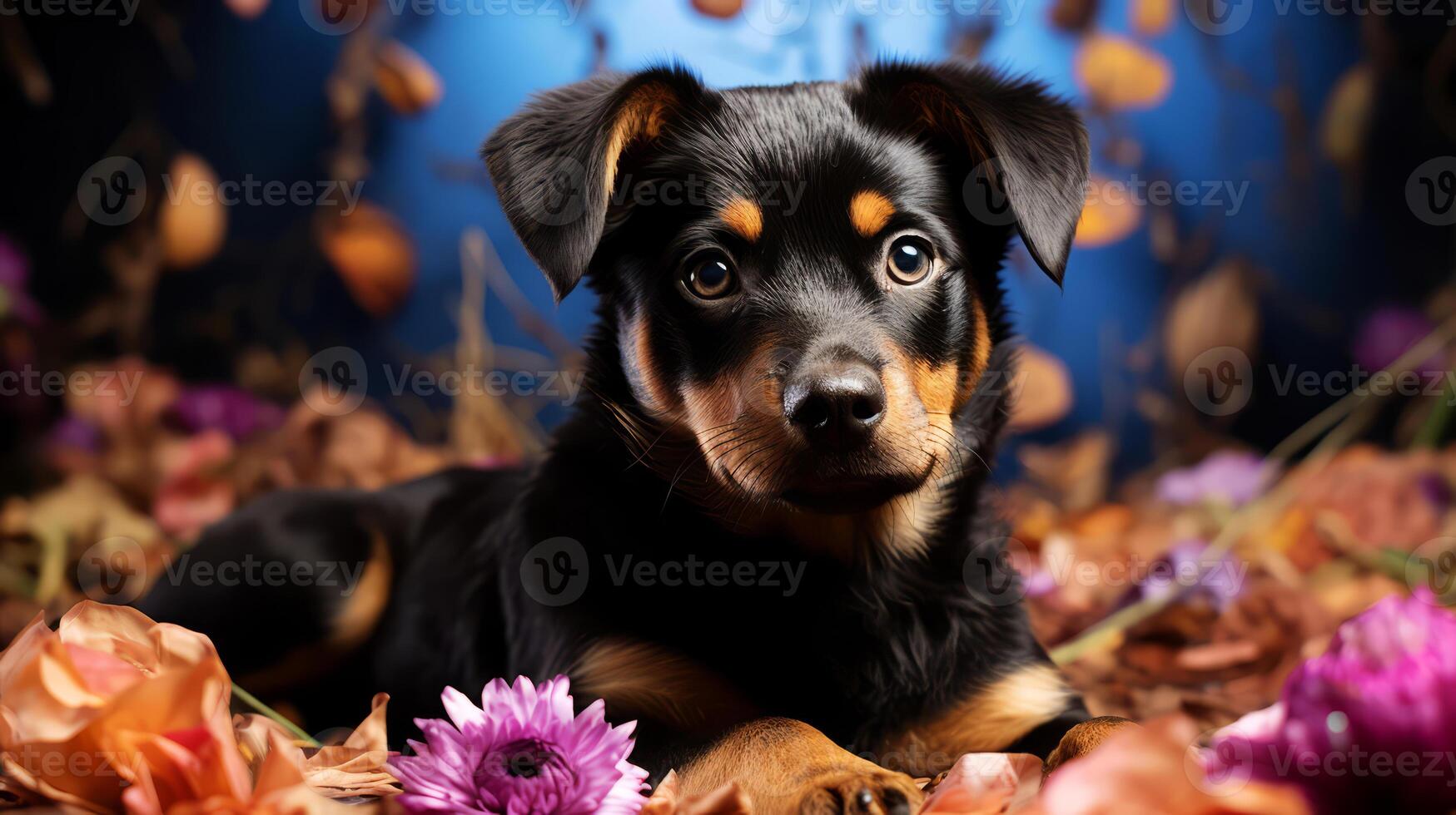 AI generated Portrait of a purebred puppy Rottweiler on a background of autumn leaves. photo