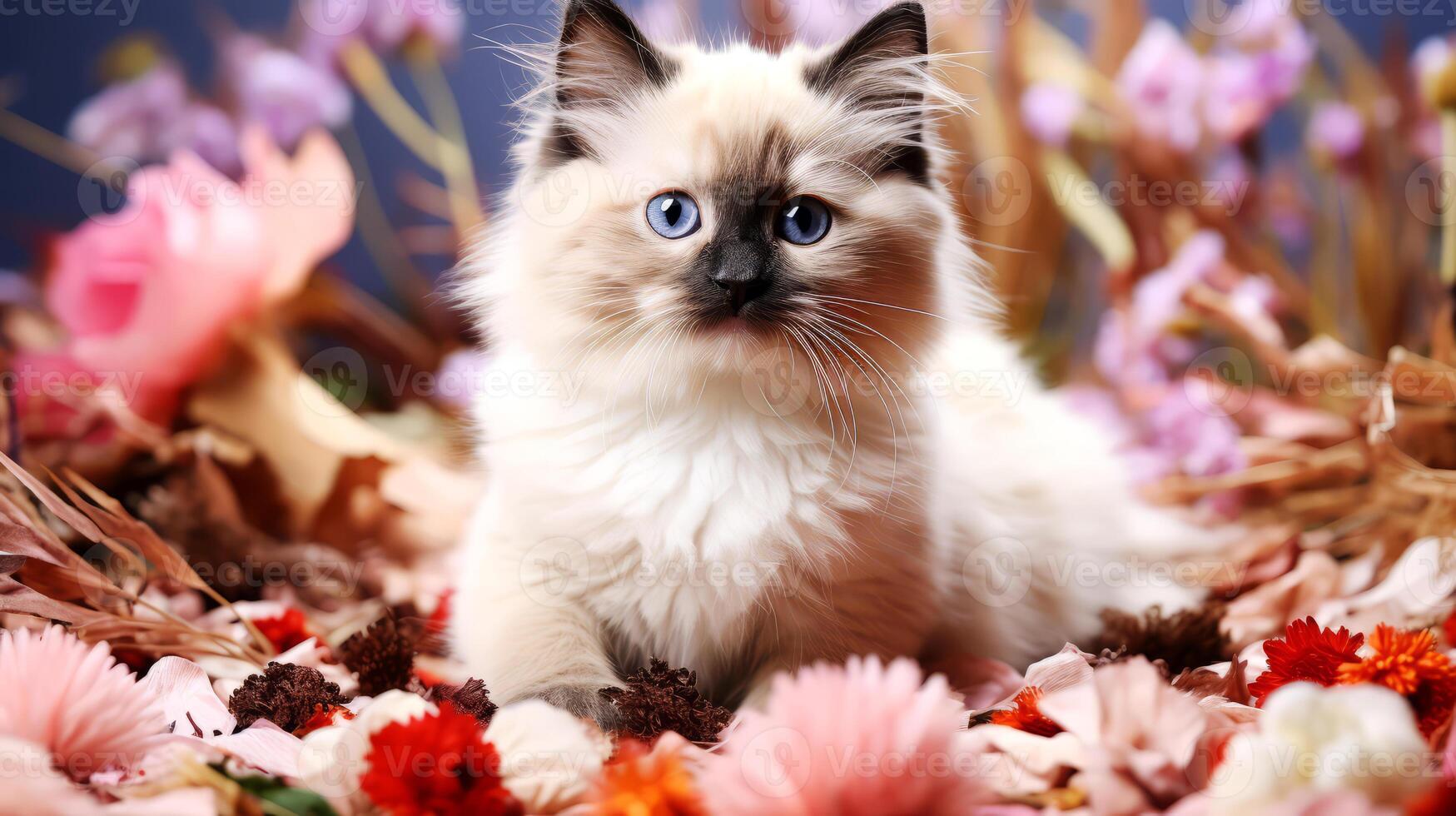 ai generado retrato de un hermosa muñeca de trapo gato en vistoso flores antecedentes. foto