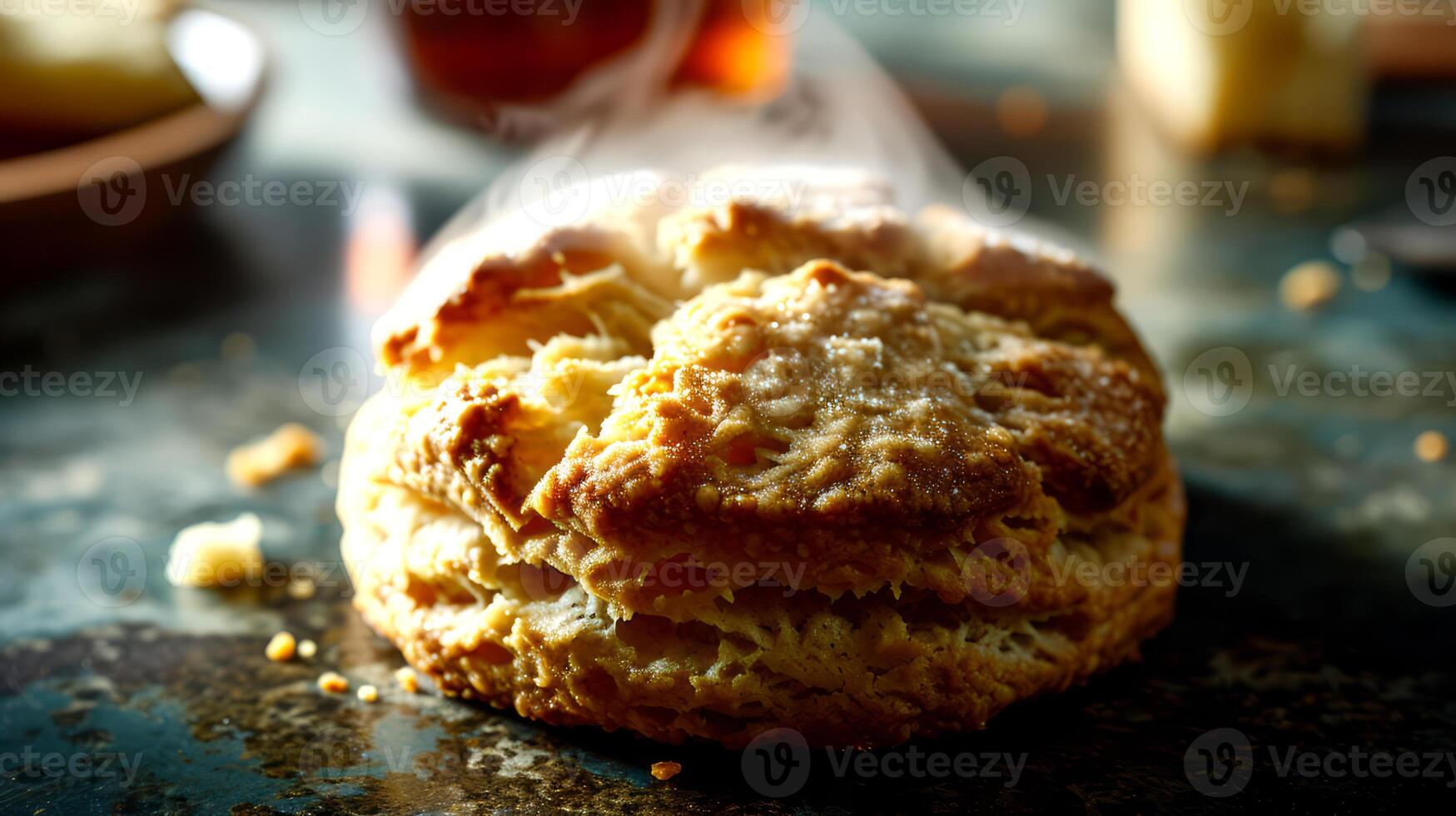 AI generated A stack of homemade scones on a plate and a mug of tea. photo