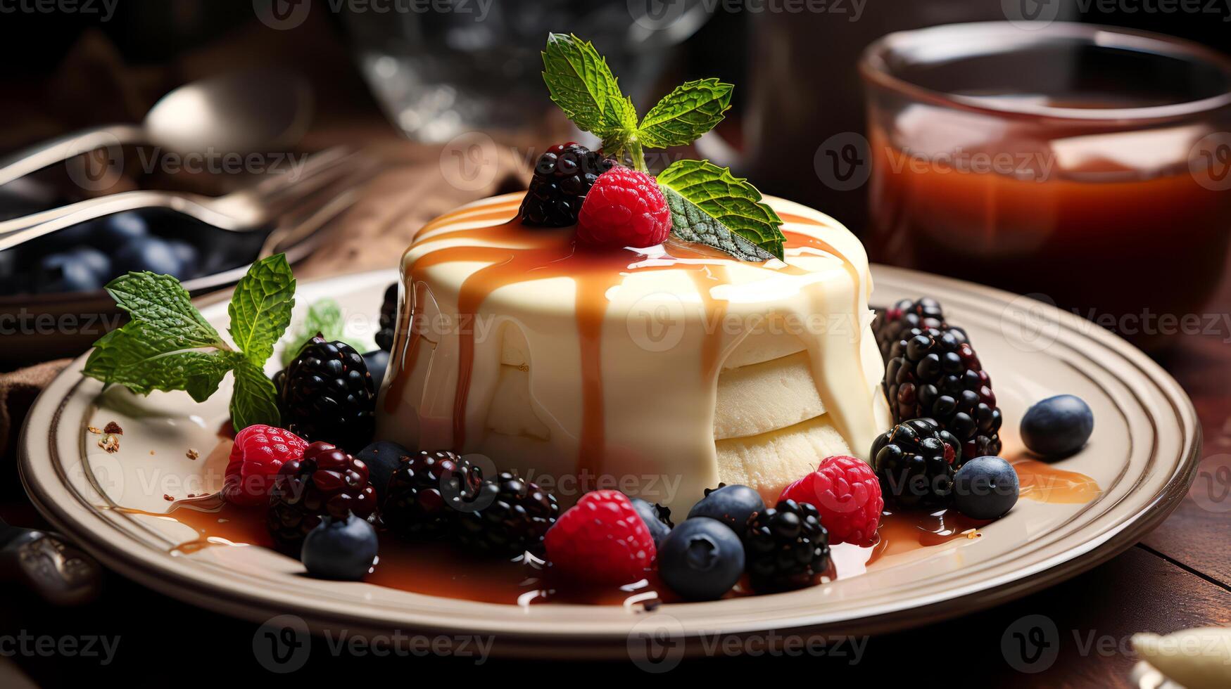 AI generated Panna cotta with caramel sauce and fresh berries on a plate. photo