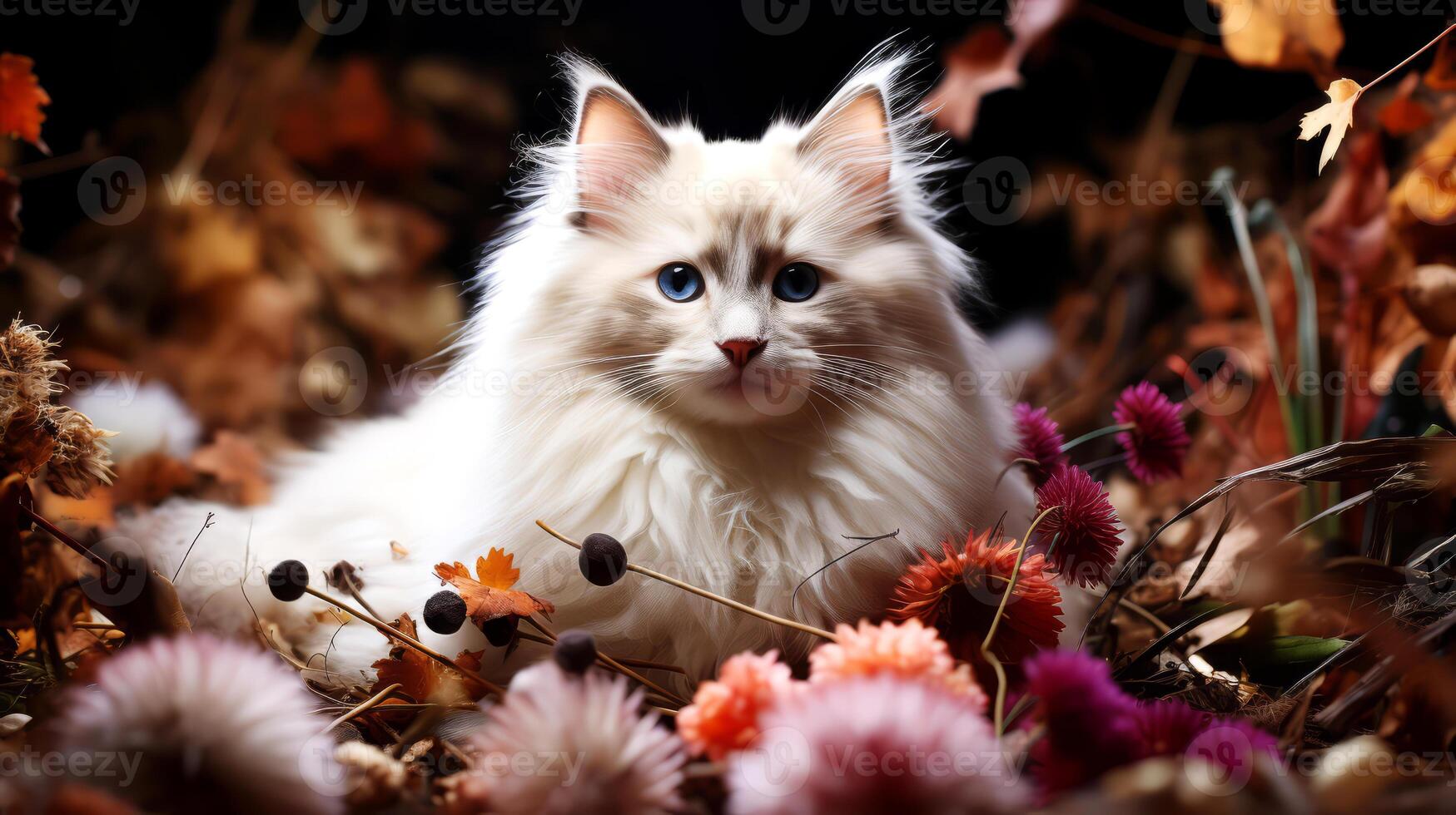 AI generated Fluffy white cat with blue eyes among autumn leaves on black background. photo