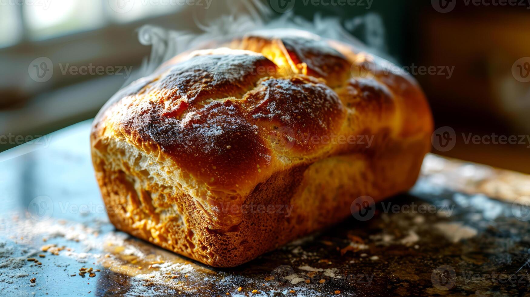 AI generated Freshly baked homemade bread on a table. photo