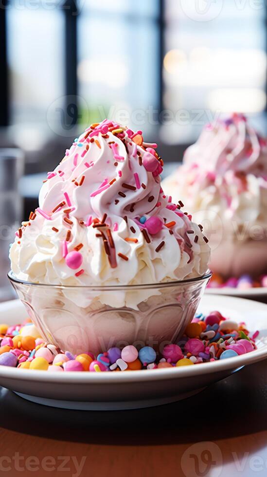 AI generated Cup of ice cream with whipped cream and colorful candies. photo