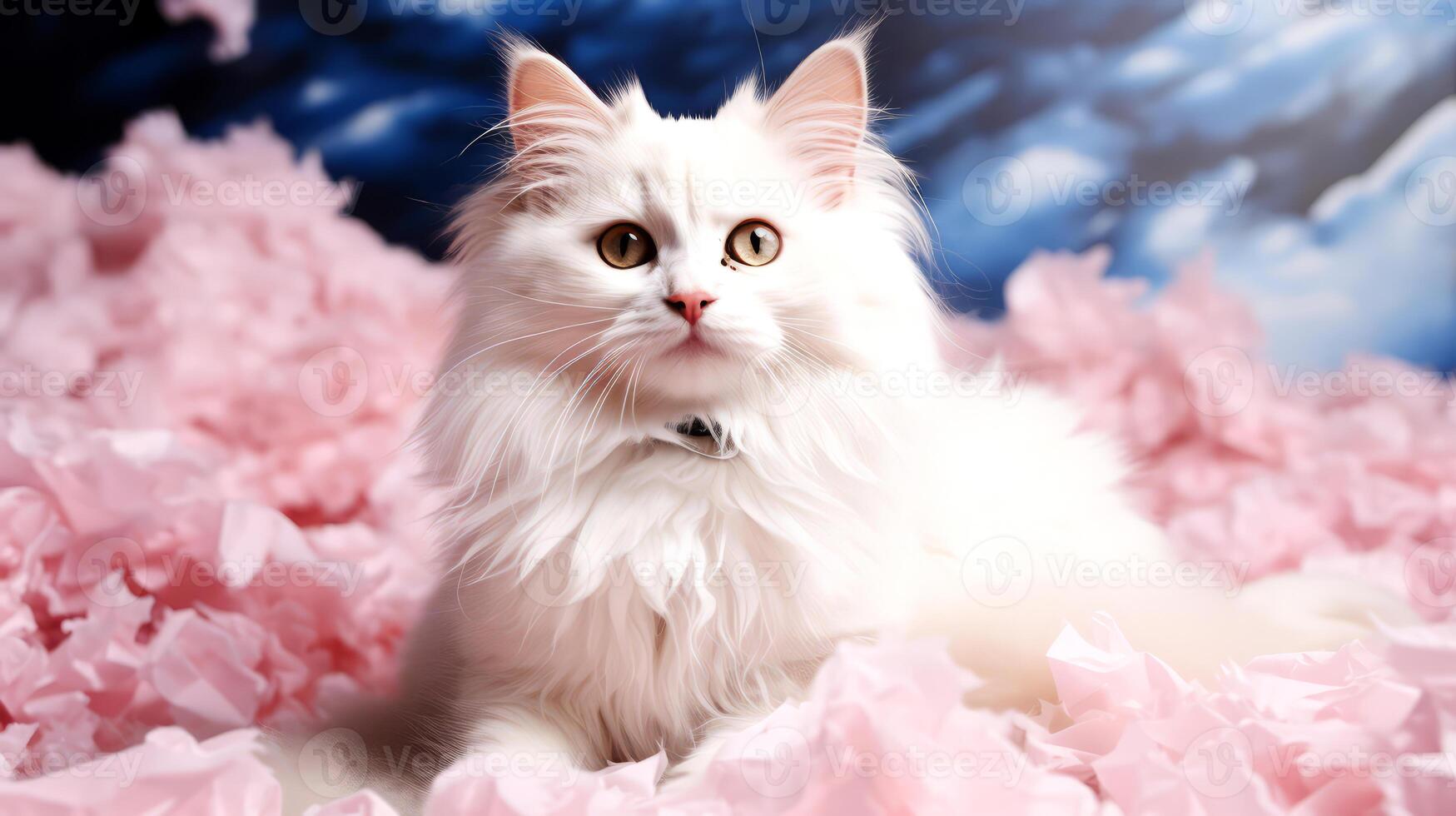 AI generated White Persian cat lying on pink flower petals on blue background. photo