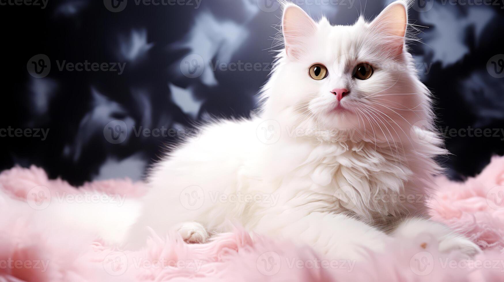 AI generated Beautiful cat with pink flowers on a dark background. photo