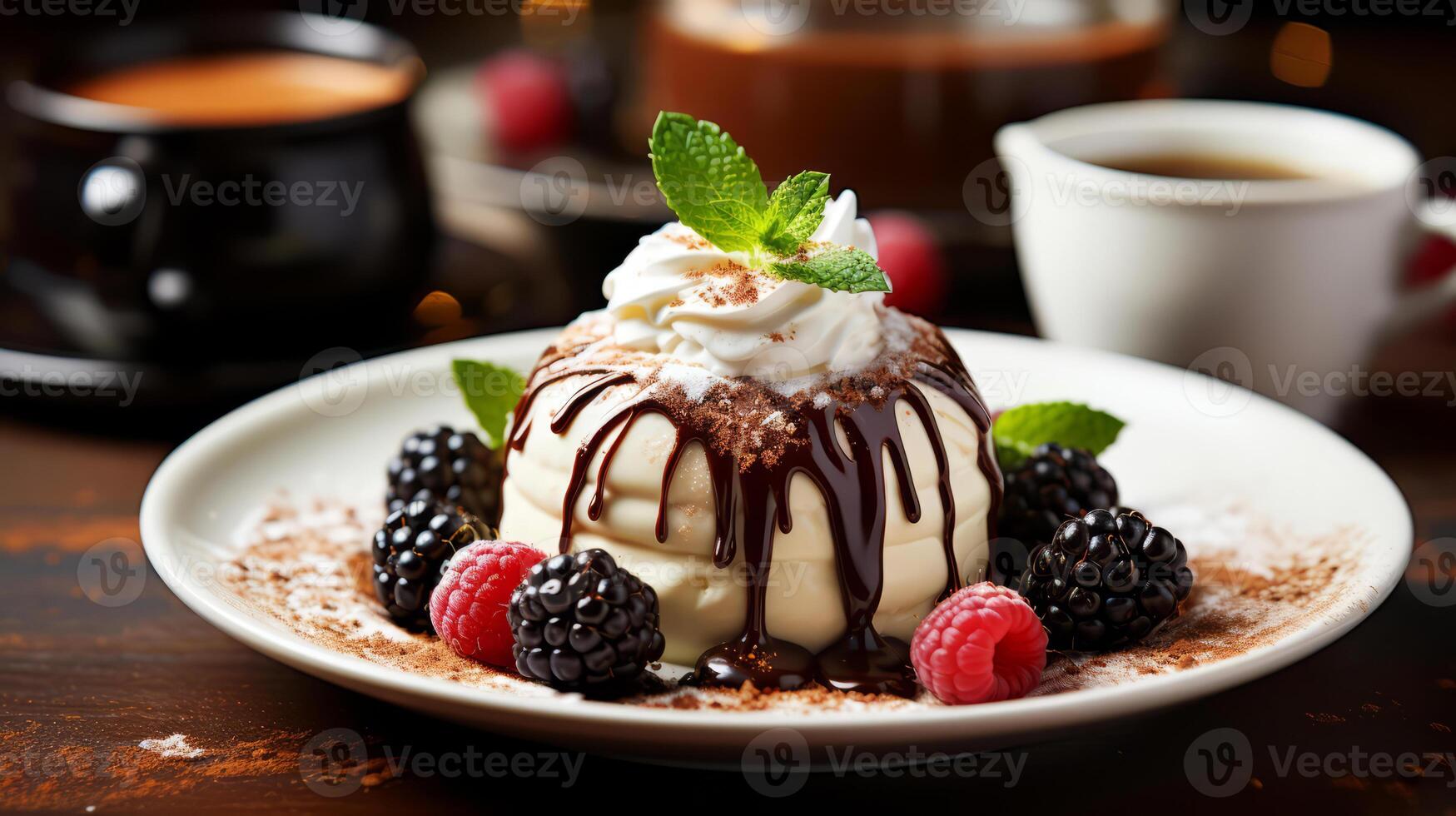 AI generated Chocolate panna cotta with whipped cream and fresh berries. photo