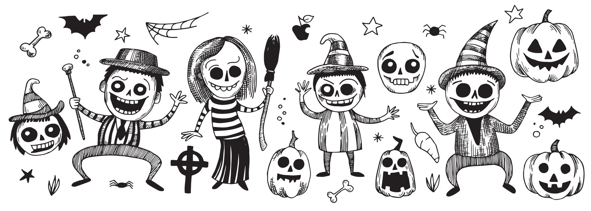 set of characters for Halloween in vintage style, sketch. cute scary