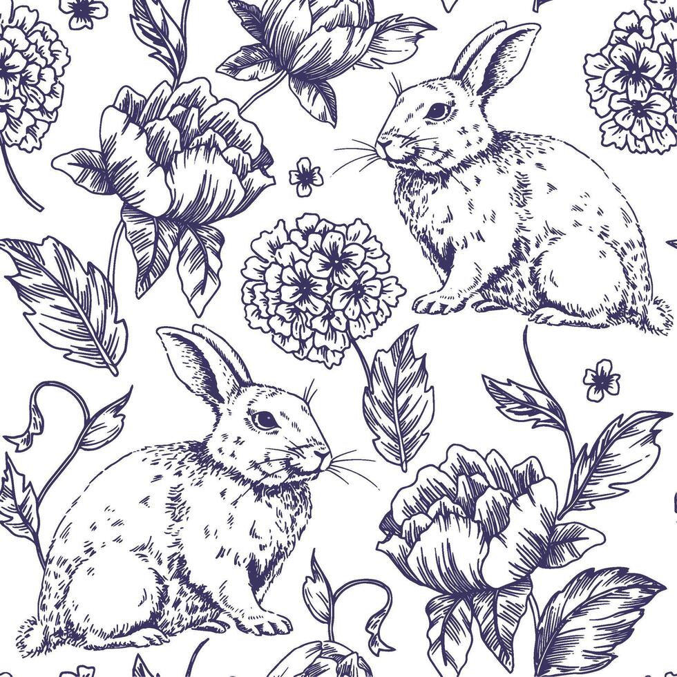 seamless pattern with Easter bunnies and flowers, in vintage style. sketch vector