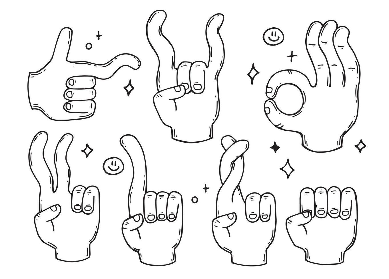 set of hand gestures, vector drawing in cartoon style. retro illustration of the 30s, rubber house