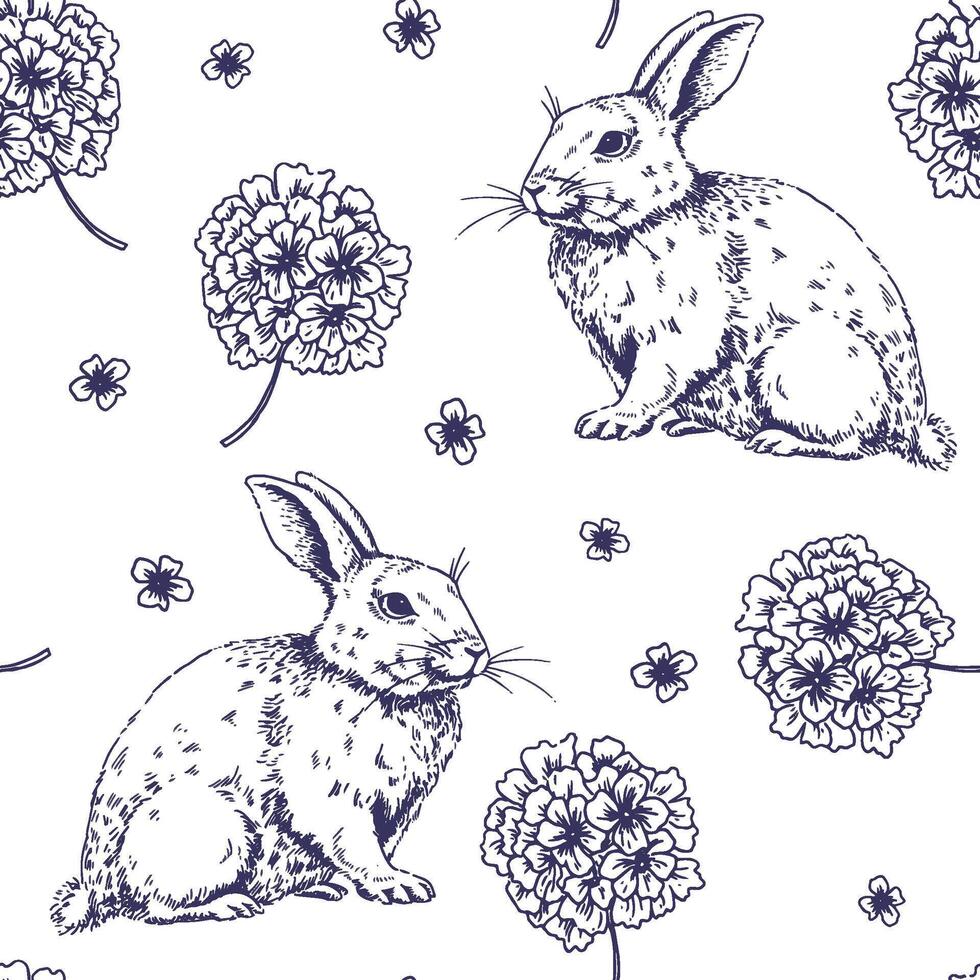 seamless pattern with Easter bunnies and flowers, in vintage style. sketch vector