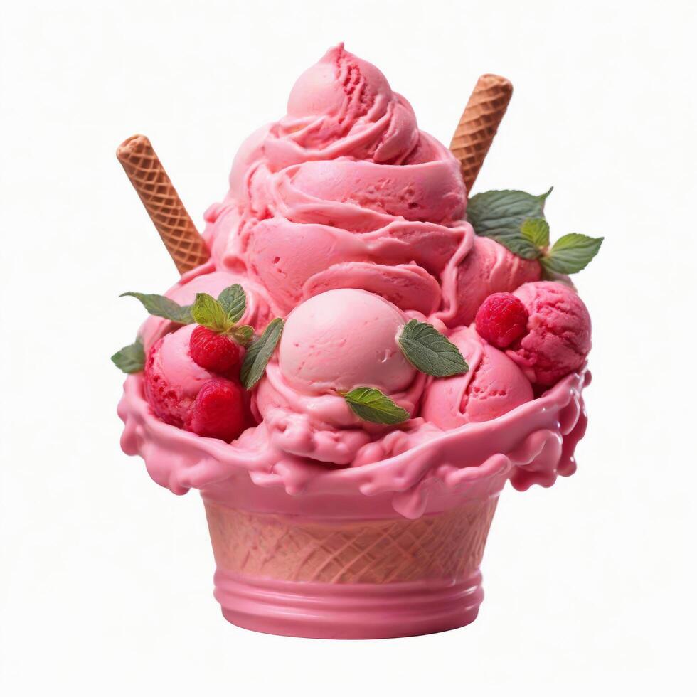 AI generated Pink ice cream with mint and berries in waffle cone isolated on white background photo