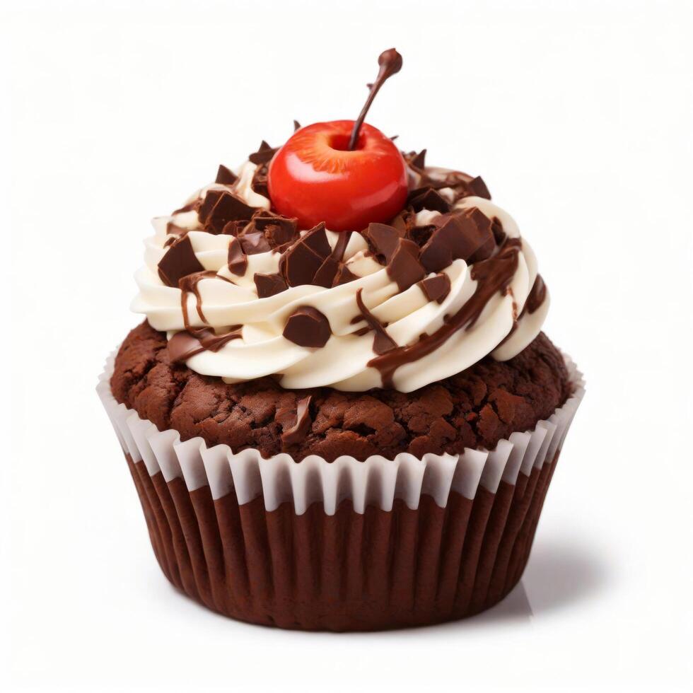 AI generated Chocolate cupcake with cherry on top isolated on white background photo
