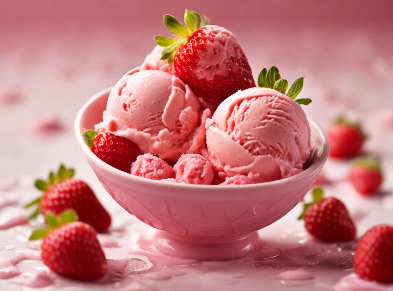 AI generated Strawberry ice cream garnished with fresh strawberries photo