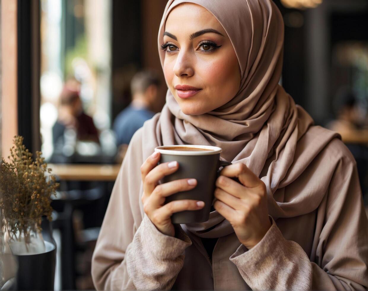 ai generado mujer en hijab Bebiendo café foto