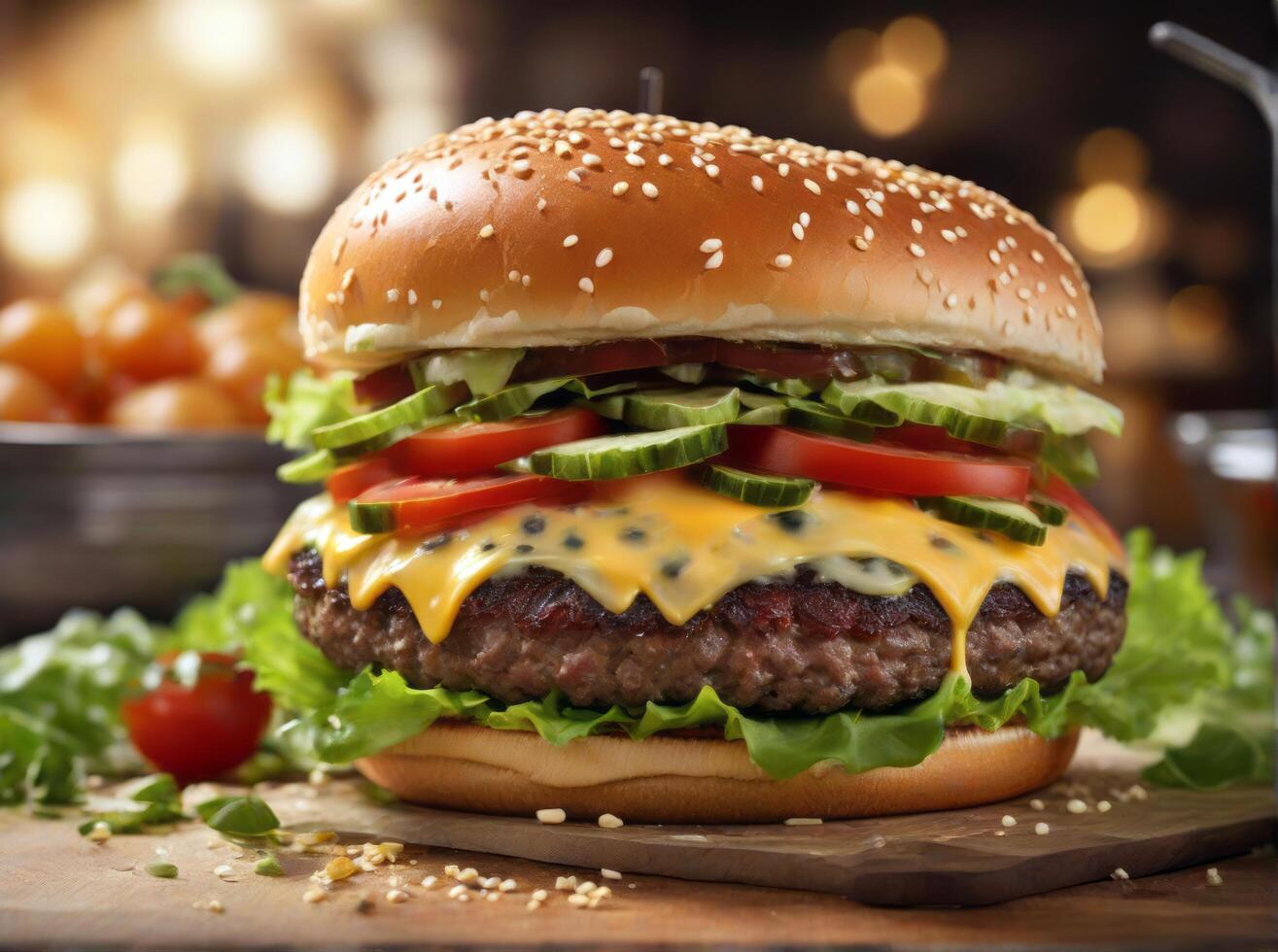 AI generated burger with fresh salad and tomato photo
