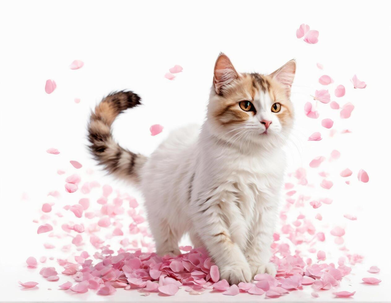 AI generated charming fluffy cat amidst falling pink petals photo