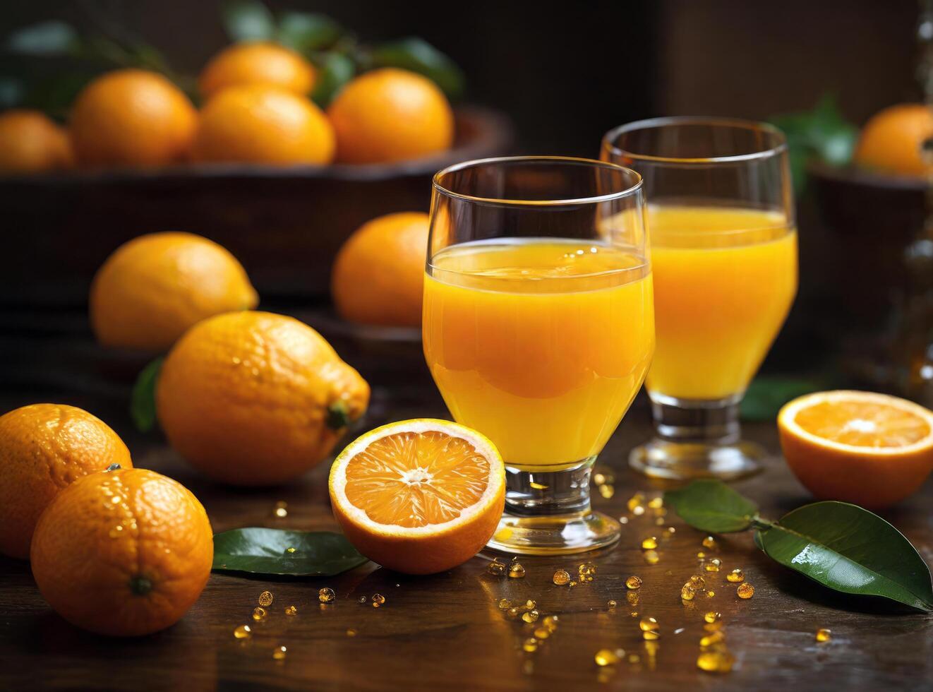 ai generado dos lentes de naranja jugo y algunos naranjas foto