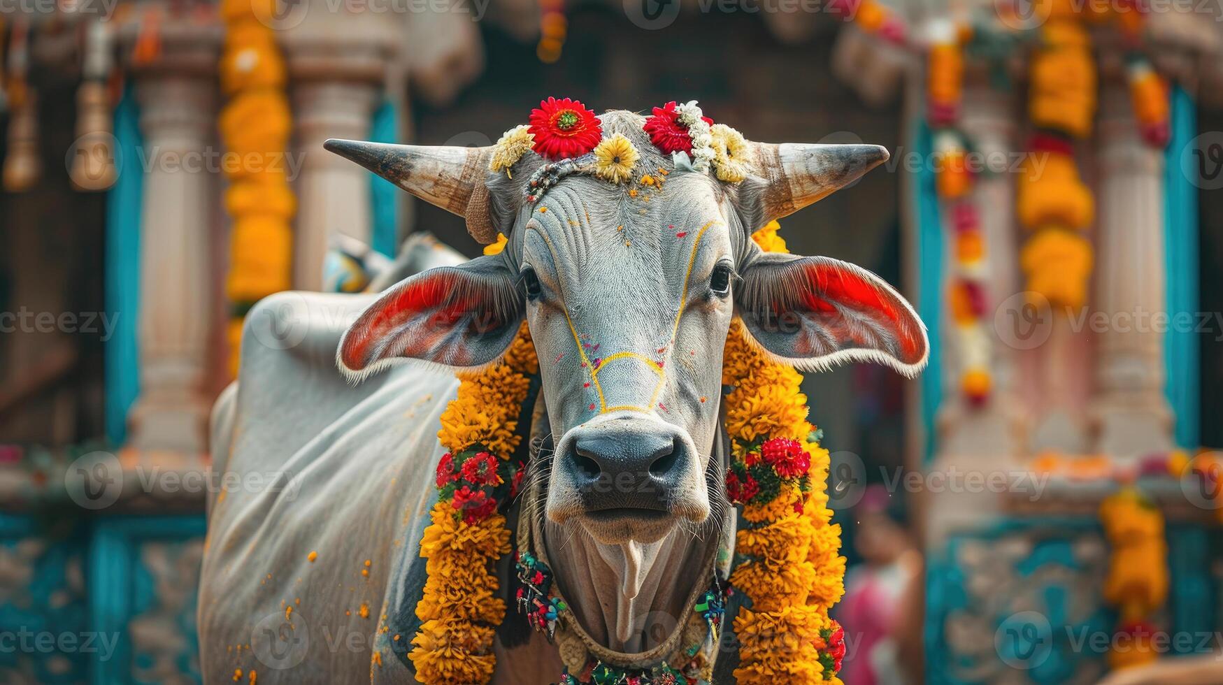 AI generated Indian sacred cow, suitable for pongal or any hinduism celebration posters, magazines, and news. photo