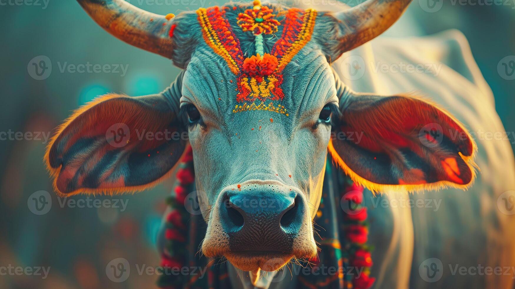 AI generated Indian sacred cow, suitable for pongal or any hinduism celebration posters, magazines, and news. photo