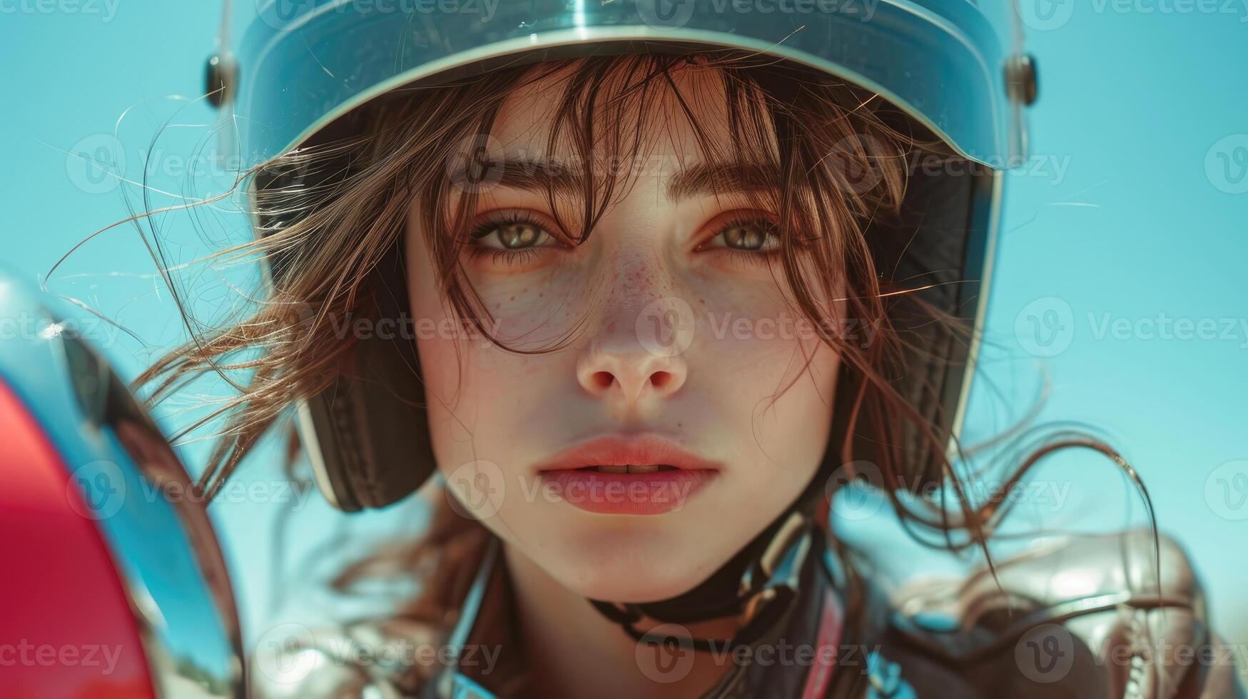 AI generated Futuristic Women's Wear Jackets and Helmets in Space, suitable for magazine covers, wallpapers, websites, and advertisements. photo