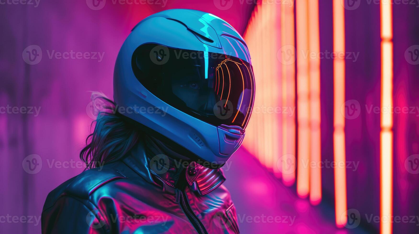 AI generated Women's Space Chic Jackets and Helmets in Futuristic Styles, suitable for magazine covers, wallpapers, websites, and advertisements. photo