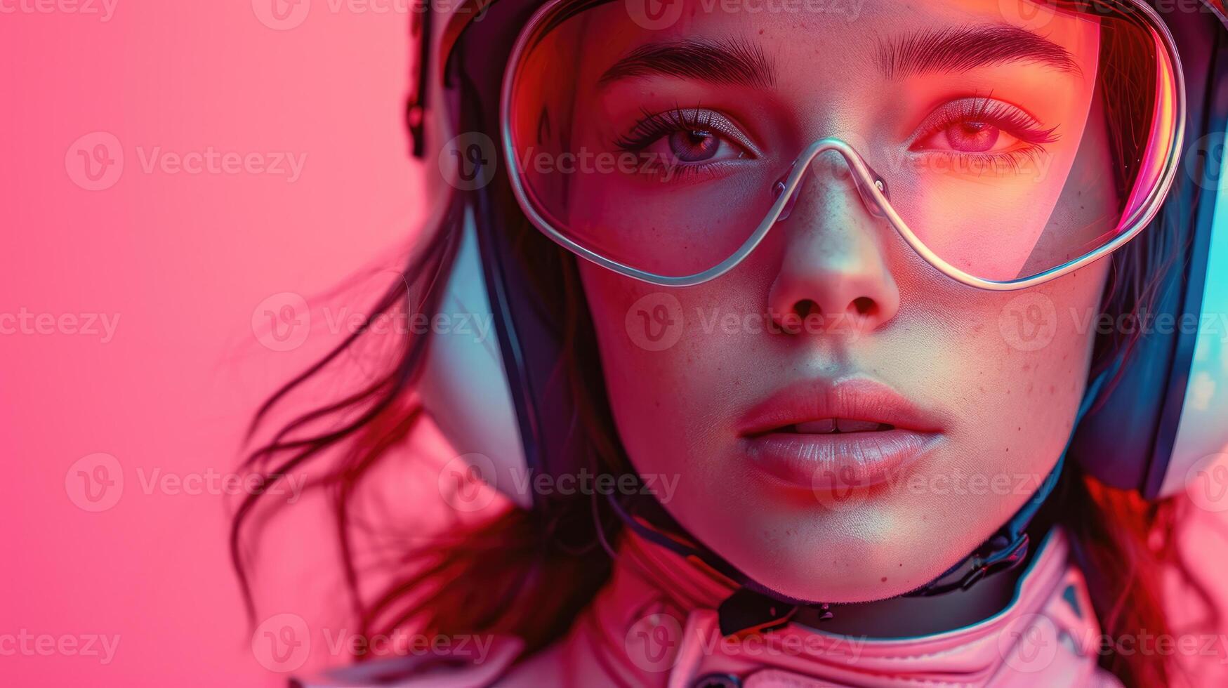 AI generated Women's Spaceward Style Futuristic Jackets and Helmets, suitable for magazine covers, wallpapers, websites, and advertisements. photo