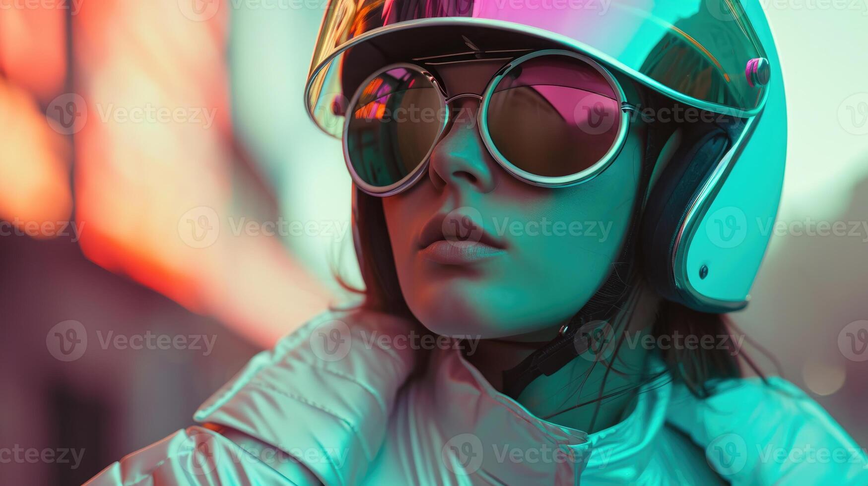 AI generated Galactic Fashion Women in Space-Inspired Jackets and Helmets, suitable for magazine covers, wallpapers, websites, and advertisements. photo