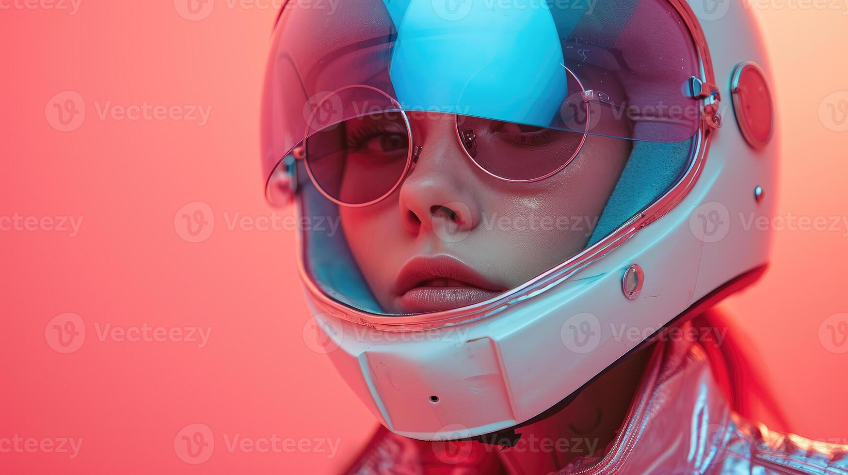 AI generated Space Age Glamour Women Wearing Futuristic Jackets and Helmets, suitable for magazine covers, wallpapers, websites, and advertisements. photo