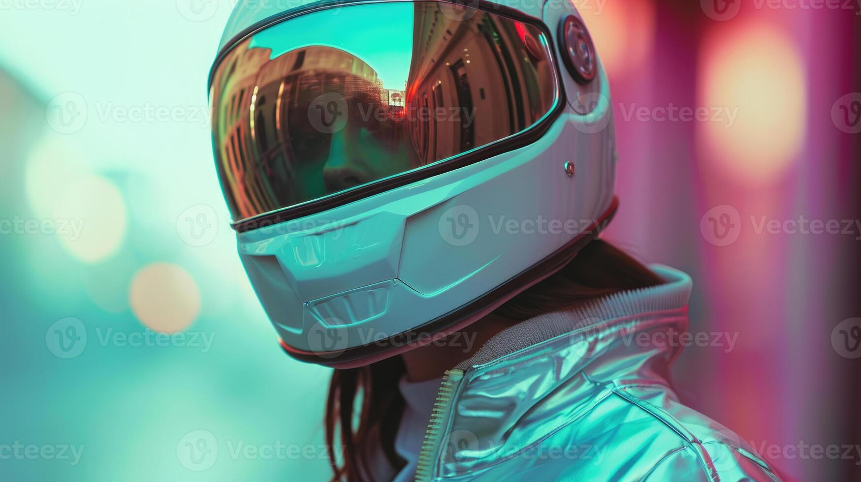AI generated Futuristic Ensemble Women Sporting Jackets and Helmets in Space, suitable for magazine covers, wallpapers, websites, and advertisements. photo