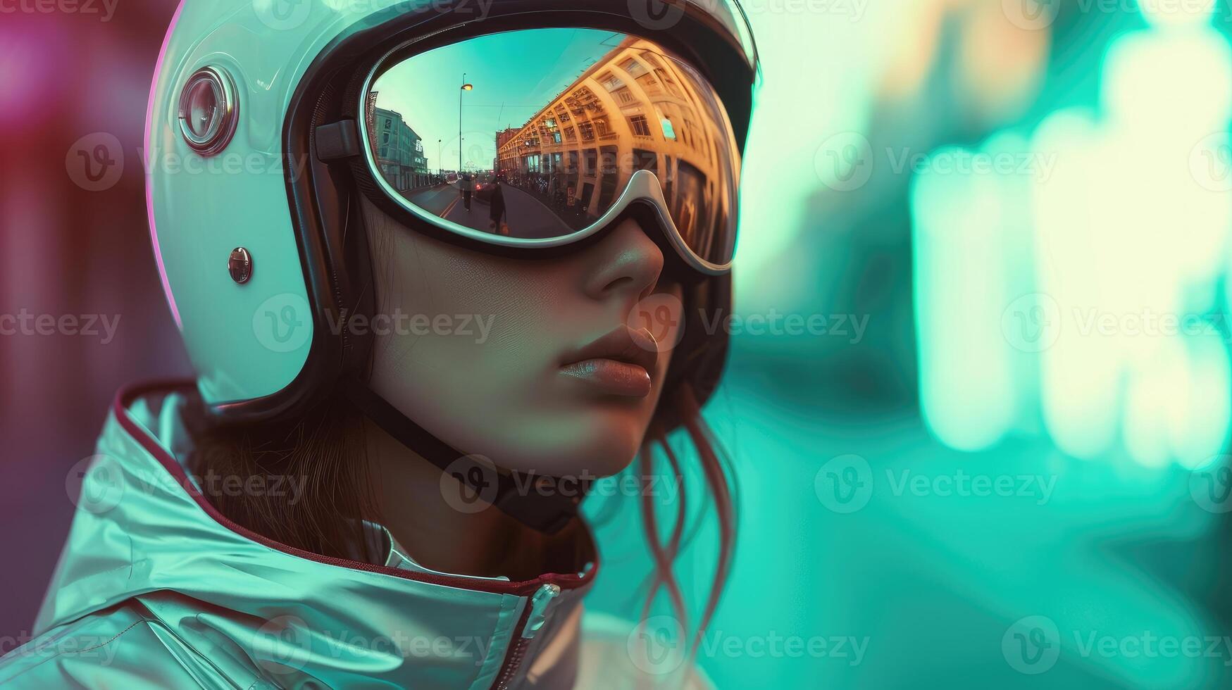 AI generated Sci-Fi Chic Women Wearing Space Futurism Jackets and Helmets, suitable for magazine covers, wallpapers, websites, and advertisements. photo