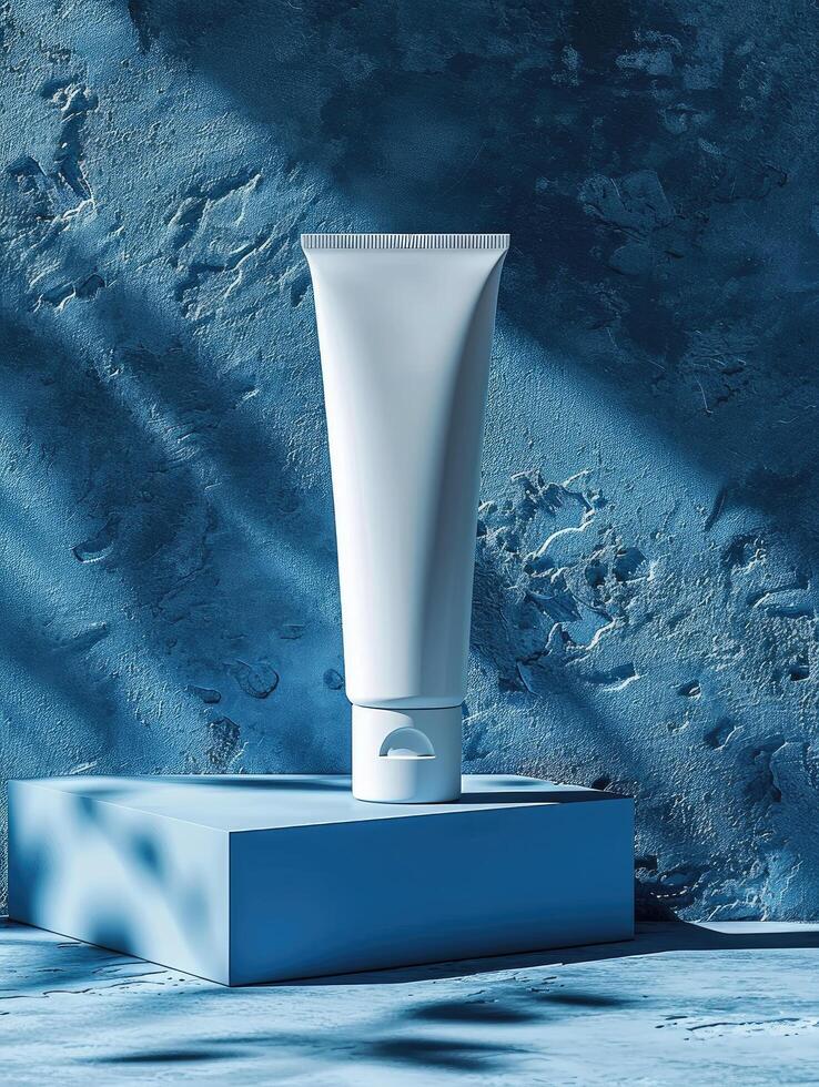 AI generated Blank skincare tube on minimalist and blue background photo