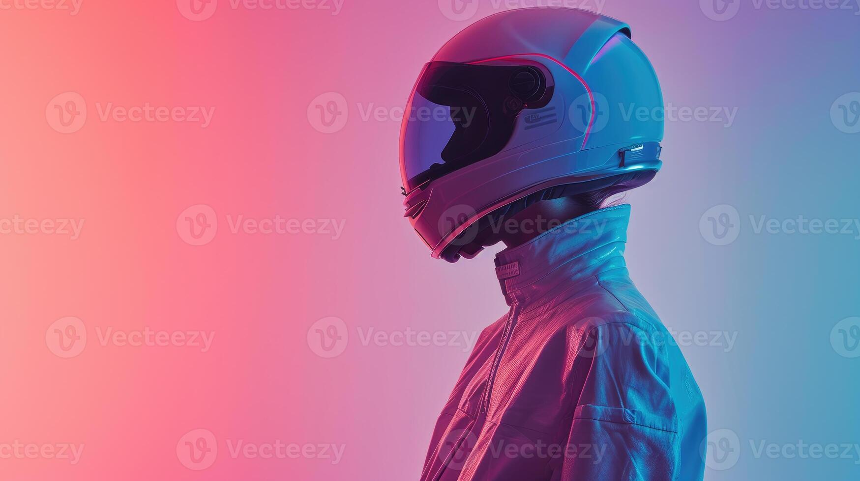 AI generated Women's Futuristic Fashion Jackets and Helmets in Space, suitable for magazine covers, wallpapers, websites, and advertisements. photo