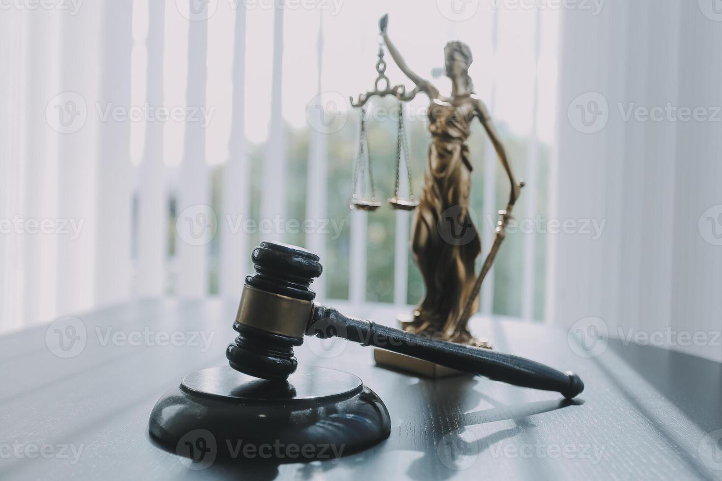Group of experienced attorneys and lawyers giving consultation to client, helping with difficult lawsuit, explaining legal procedures and discussing agreement terms. Law services and support concept photo