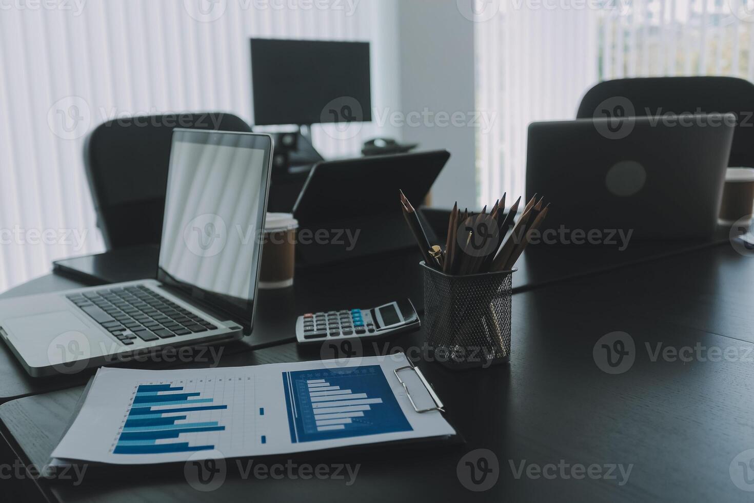 High level meeting of excutive room is decorated with stylish table and chairs around. Conference room is ready for next level of executive meeting. photo