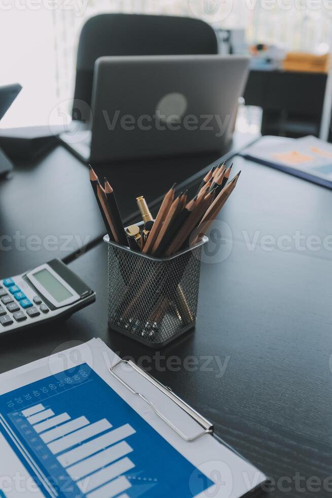High level meeting of excutive room is decorated with stylish table and chairs around. Conference room is ready for next level of executive meeting. photo
