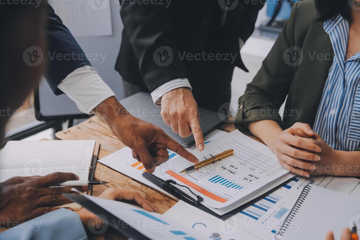 Co working conference, Business team meeting present, investor colleagues discussing new plan financial graph data on office table with laptop and digital tablet, Finance, accounting, investment. photo
