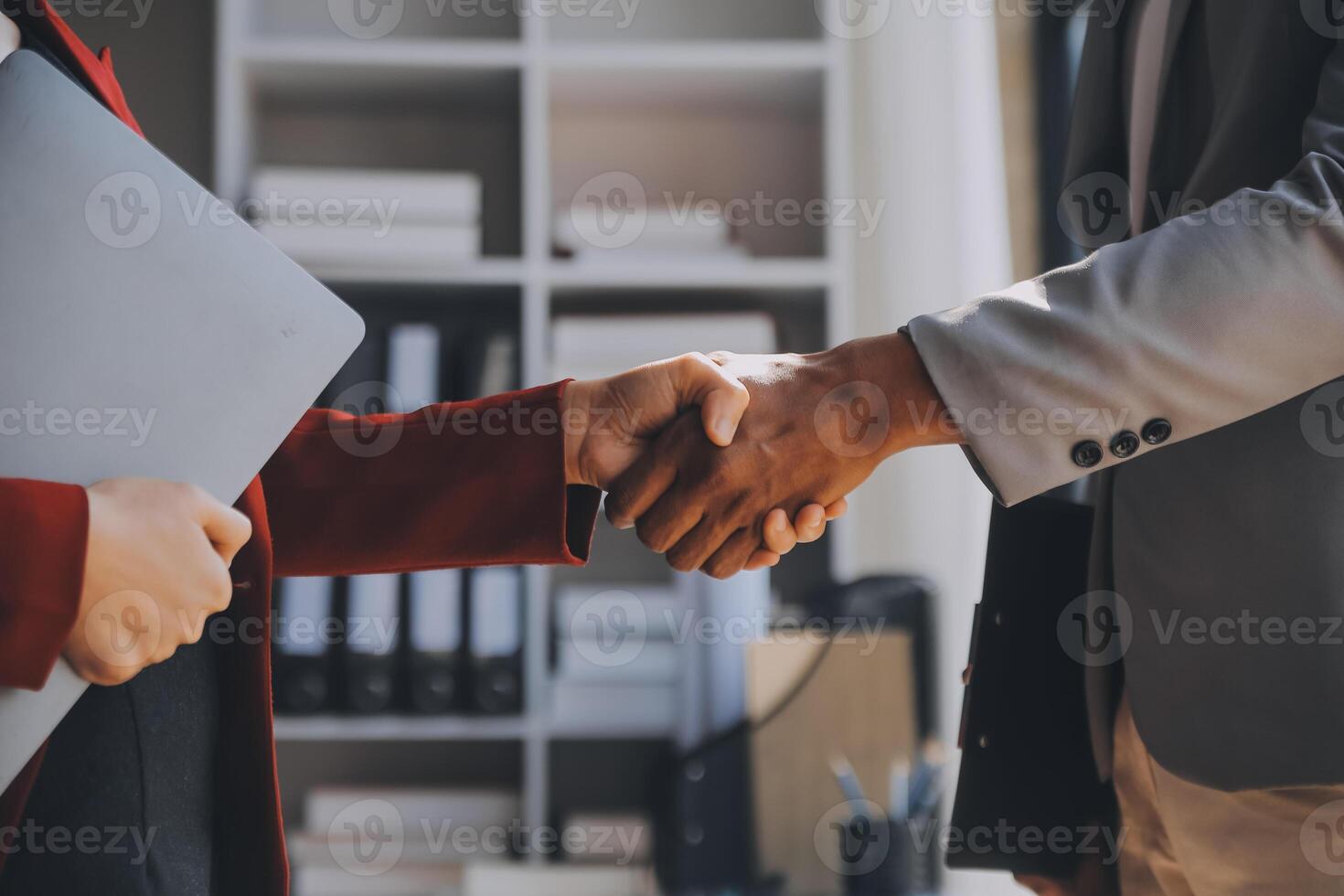 Business handshake for teamwork of business merger and acquisition,successful negotiate,hand shake,two businessman shake hand with partner to celebration partnership and business deal concept photo