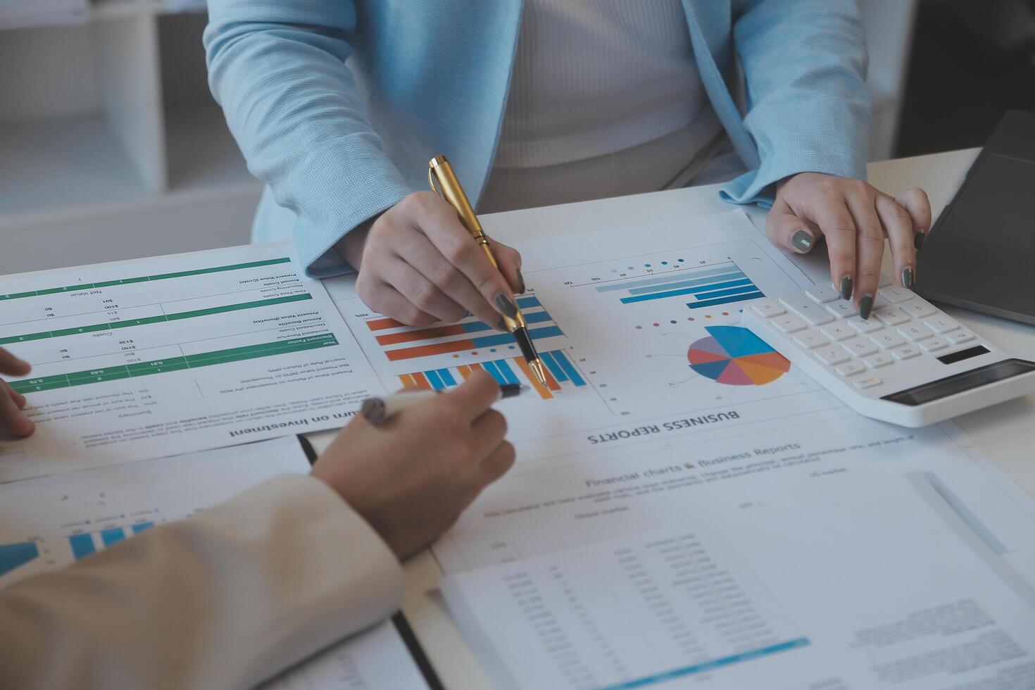 Team of business people working together in the meeting room office, teamwork background charts and graphs banner, double exposure successful teamwork,business planning concept. photo