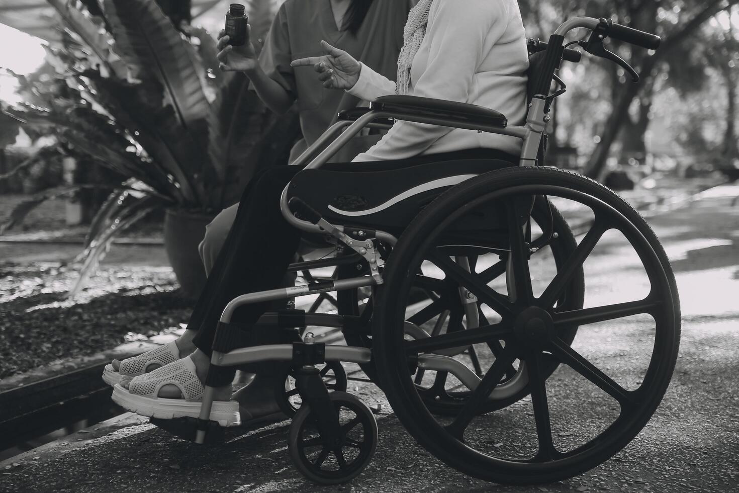 enfermero con mayor hombre en silla de ruedas a parque foto